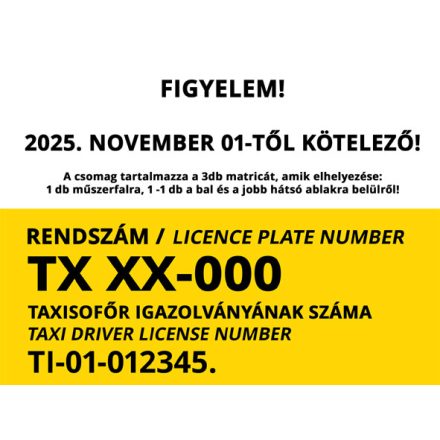TAXI ENGEDÉLY matricacsomag (3-db) (KÖTELEZŐ)